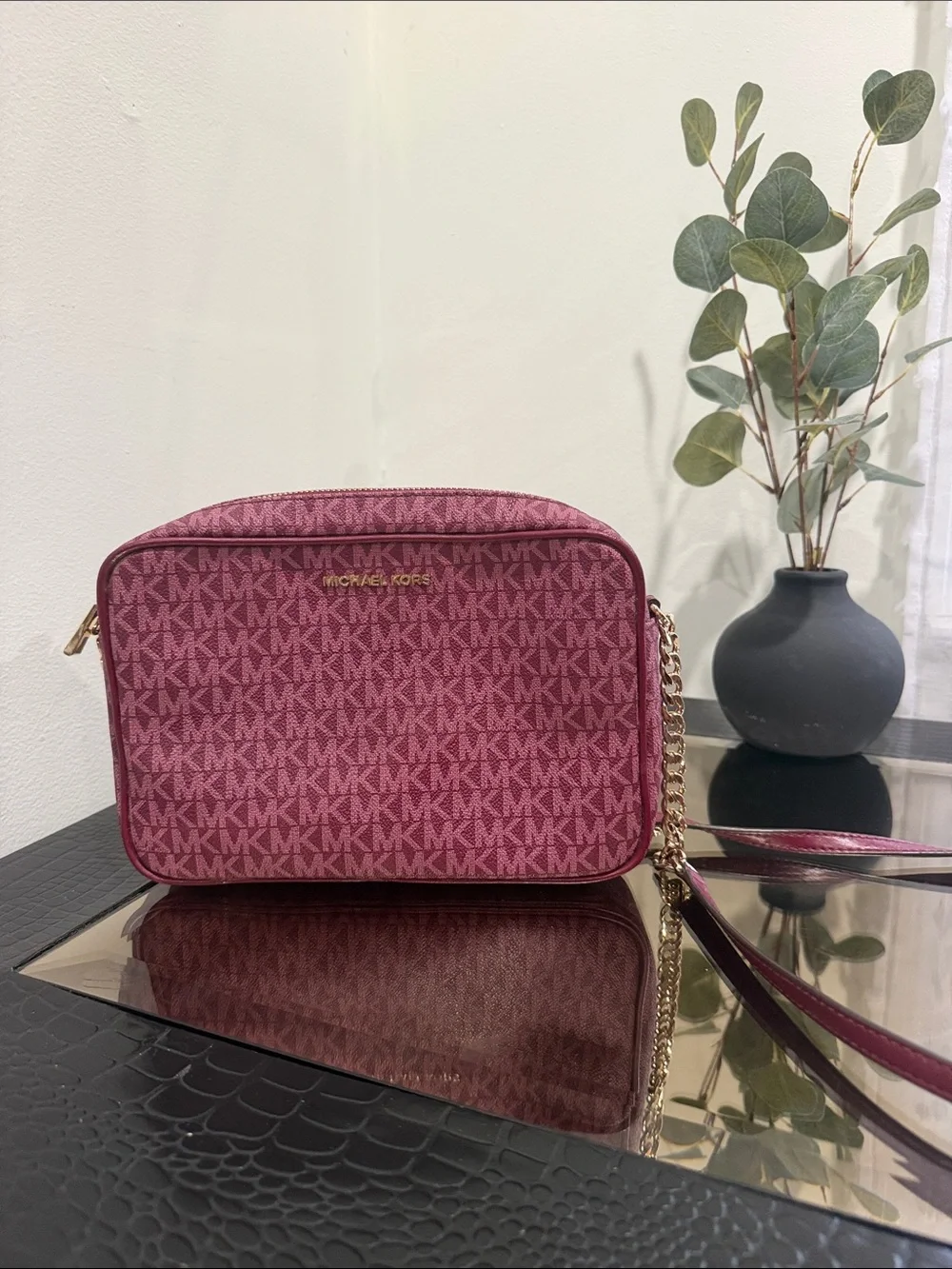 Michael Kors Rose Pink Signature MK Crossbody with Gold Chain